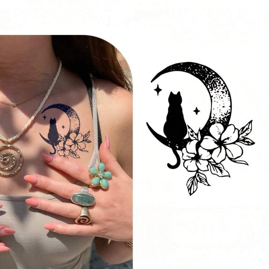 3pcs Mysterious & Cool Black Cat With Star & Moon Temporary Tattoo Stickers, Featuring Floral Patterns, Suitable For Chest, Arms, Legs, Ideal For Casual Wear, Parties, Festivals And Gatherings,Sketch Style - Multicolor - View 1