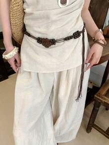 1pc Women's Coffee Color Polyester Bohemian Beaded Braided Waist Rope - Coffee - View 6