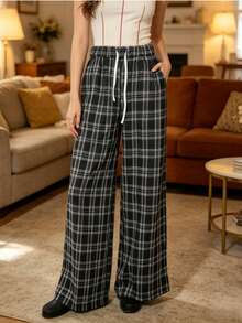 Women's Plaid High Waist Drawstring Wide Leg Pants, Loose Fit, Suitable For Outdoor Wear, Spring/Summer/Autumn - Black and White - View 5
