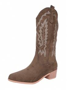 女士牛仔靴，波西米亚风新款休闲复古西部刺绣方头粗跟套穿式中筒靴 - 褐色 - 查看 7