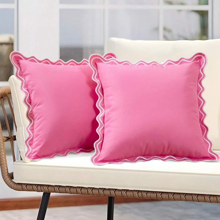2 vỏ gối trang trí chống thấm nước màu hồng đậm, có bèo nhún, thích hợp cho sân hiên ngoài trời, hồ bơi, sân vườn, ghế sofa, trang trí nhà cửa phòng khách, kích thước 18x18 inch. - Hồng - Xem 1
