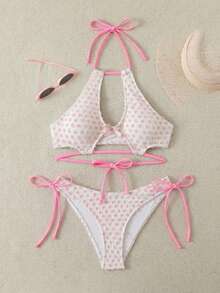 Conjunto de bikini con espalda descubierta y lazos, lindo y de peluche, traje de baño de lunares blancos y rosas para vacaciones, playa y verano - Blanco - Ver 6