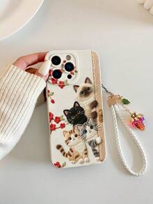 可爱猫咪花卉图案米色彩绘防震手机壳，带腕带，兼容 17/17Pro/17ProMax/16/11/16Pro/16Plus/16ProMax/16E/15ProMax/13/14/12/XS/XR/7G/8P、Galaxy S26/S26Plus/S26 Ultra、S25/S25Plus/S25 Ultra/A16/A36/A26/A56/A50/A12/A32/A52/A72/A51/A21S/A13/A14/S24/S24Plus/S24Ultra/S20/S23/S22/A53/S20FE/S21 - 彩色 - 查看 5