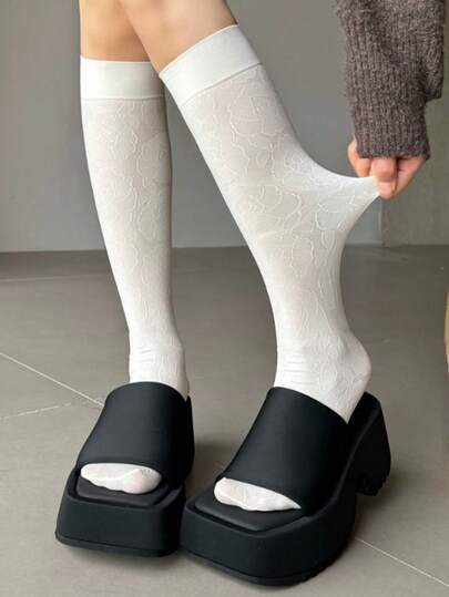 1 Pair Women's Ballet Floral Knee High Socks, Lightweight Summer Thin Japanese Sweet Style Long Socks