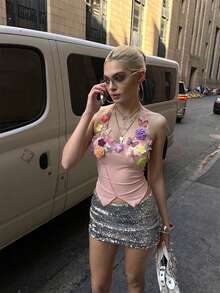 Summer Heavy-Duty Handmade Floral Halter Neck Camisole, Slightly Sheer And Slimming Cropped Top, Perfect For Beach Parties. - Pink - View 7