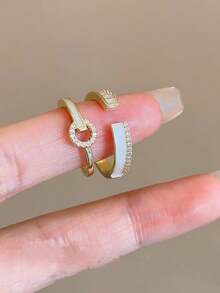 2件套奢华时尚优雅个性化小众百搭立方氧化锆几何开口戒指套装，适合女性日常、节日、派对佩戴 - 金色 - 查看 5