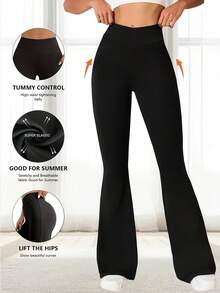 Women's High-Waisted Flared Pants, Jogging Pants, Fitness Yoga Pants, Casual Loungewear, Elastic Waistband, Suitable For Sports And Everyday Wear, Suitable For All Seasons. - màu đen - Xem 2