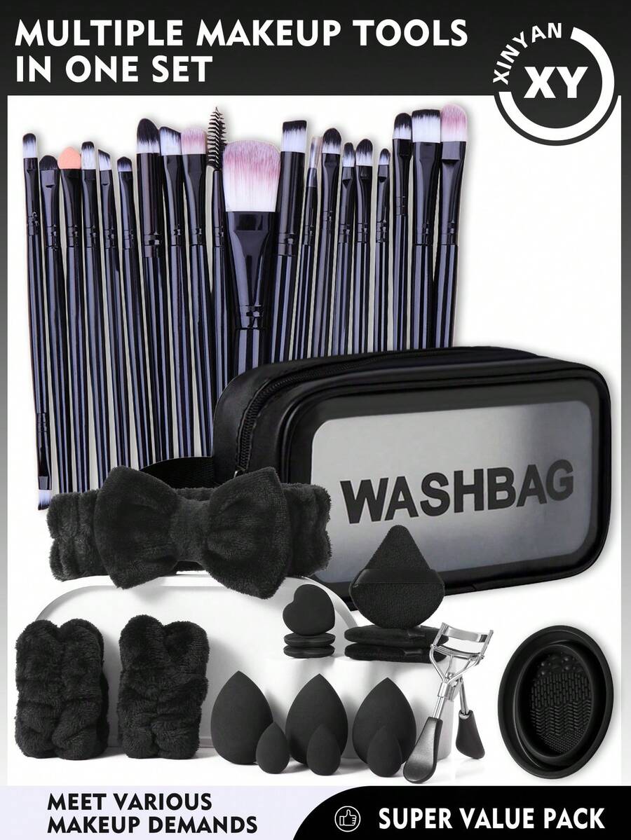 38Pcs Complete Makeup Tools Set With Cosmetic Bag, 20Pcs Professional Makeup Brushes, 6Pcs Makeup Sponges, 6Pcs Powder Puffs, Brush Cleaner, Eyelash Curler, Hairband & Wristbands, All-In-One Super Value Cosmetic Kit For Full Face Makeup - Black - View 1