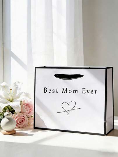 1pc "Best Mom" Heart Shaped Print Paper Gift Bag, Minimalist Black & White Tote Bag, Suitable For Mother's Day, Birthday, Anniversary, Elegant Mom Gift Packaging