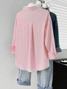 Women's Yellow Polyester Button Down Shirt, Dropped Shoulder Long Sleeve Regular Length Loose Fit Shirt, Solid Color Button Front Pocket - Elegant Basic Solid Color Shirt, Fashionable Lapel Long Sleeve Blouse, Casual Shirt For Spring And Autumn, Fashionable And Elegant Women's Shirt, Spring Clothes Women, Yellow Top - 粉色 - 查看 3