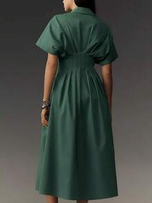 Women's Summer Casual Maxi Shirt Dress Short Sleeve Button Down Loose Pleated Flowy Sundress With Pockets - Green - View 3