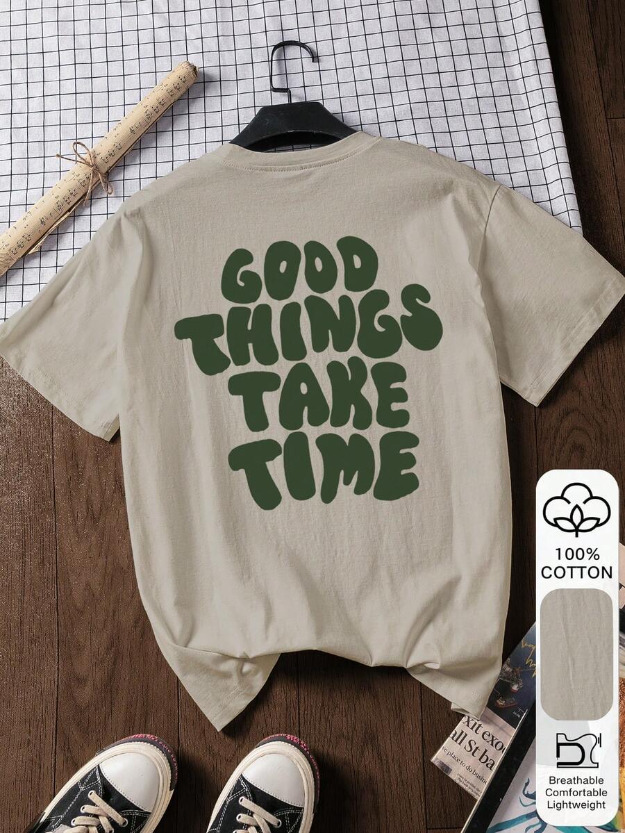Áo thun ngắn tay nữ 100% cotton in chữ "Good Things Take Time" (Những điều tốt đẹp cần thời gian), chất liệu mềm mại, vải cotton, trang phục ngoài trời, họa tiết in, áo thun mùa hè, áo nữ, áo kiểu, áo blouse mùa hè, trang phục đi nghỉ mát, phong cách du lịch, phong cách biển, trang phục nghỉ dưỡng tối giản. - Xám - Xem 1