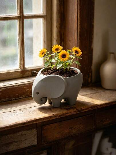 1个带排水孔的小象造型多肉植物盆 - 迷你仙人掌花盆，适用于桌面、书架、阳台、室内/室外，耐用塑料材质，抛光不对称造型，适合家居办公装饰，精美礼品