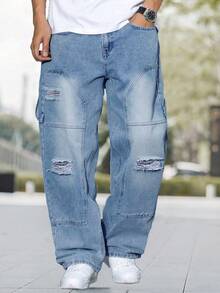 Men's Fashion Distressed Patch Embroidered Wide Leg Jeans - Blue - View 4