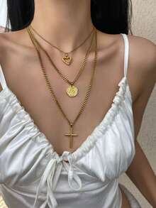 3pcs 18K Gold Plated Stainless Steel Hollow Heart, Evil Eye Bracelet, Large Cross Pendant Necklace Set, Double-Sided Polished Necklace With 45cm O-Chain, Adjustable Length. Fashionable European And American Style, Suitable For Women's Daily Decoration Or Gifts. - Yellow Gold - View 2
