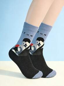 1 Pair Multi-Color Couple Portrait Design Unisex Mid-Calf Socks, Versatile For Daily Wear, Holidays, Outdoor, Home Casual, Suitable For Spring/Summer - Multicolor - View 4