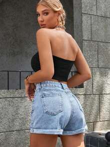 Roll Up Hem Denim Shorts - Light Wash - View 11