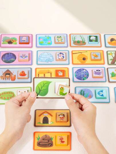 一套彩色动物栖息地配对闪卡，24对栖息地配对拼图游戏 | 蒙特梭利玩具，幼儿教育学习活动 | 精细动作技能、手眼协调能力、幼儿园认知玩具 | 便携式旅行玩具礼品 | 逻辑大脑开发婴儿玩具、幼儿玩具、儿童玩具