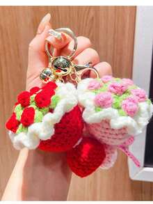 1pc Rose Flower Keychain, Vivid Bouquet Keyring Accessory, Golden Bell Car Key Chain,Knitted Bouquet Red Rose Bag Charm Pendant, Gift For Girls, Christmas, New Year, Valentine's Day Gifts ﻿ - 彩色 - 查看 13