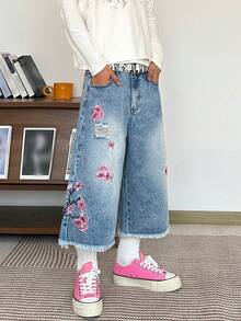 1pc Hearty Haven Men's American Streetwear Embroidered Distressed Denim Shorts, Comfortable Loose Wide Leg Frayed Hem Casual Bermuda Shorts, No Belt & Accessories - 藍色 - 查看 6