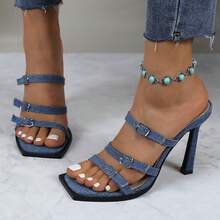Women's Denim Slip-On Sandals With Buckle Strap - Denim - View 10