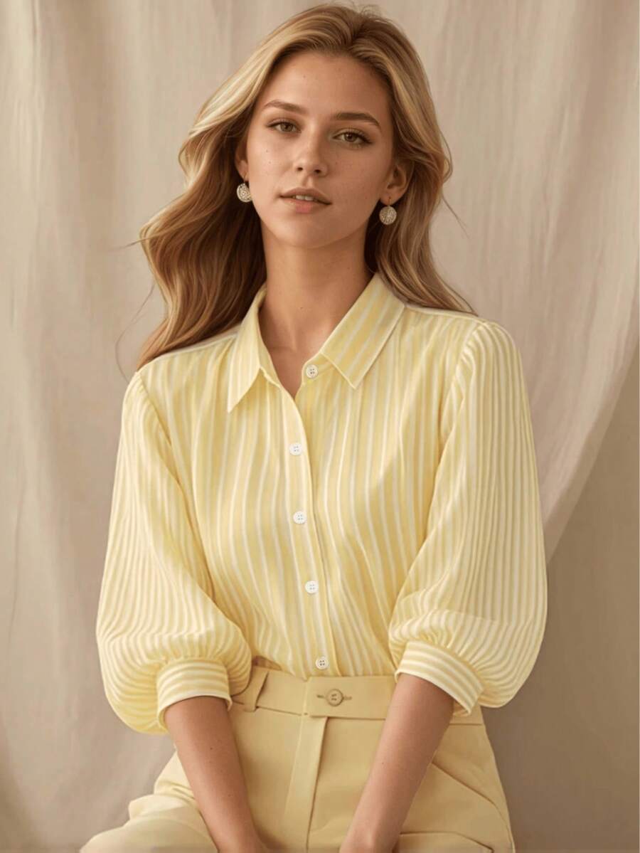 Women's Striped Shirt Collar Shirt With Button Front & Lantern 3/4 Sleeves – Business Casual Top For Office, Home, Holiday, Spring Summer Fall Yellow - Yellow - View 1