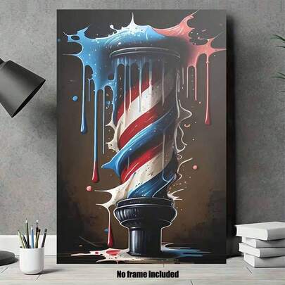 2D Flat, 1pc 2D Flat Unframed Canvas Poster, "Red, Blue, And White Striped Drip Paint Barber Shop Pole Canvas Art", Perfect For Wall Decor In Homes, Bars, Cafes, Garages, Farmhouses, 2D Flat, Ideal For Room Decoration, 2D Flat