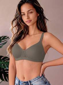 1pc Women's Comfortable Wireless Soft Cup Seamless Solid Color Bra - Army Green - View 5