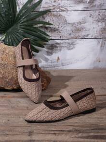 Women's Pointed Toe Mary Jane Flat Shoes [1 Pair] Khaki Vintage Knit Elastic Strap Flats, Colorblock Collar, Soft Sole, Breathable, Comfortable, Suitable For Commuting, Work, Driving, Daily Wear, Versatile, Gentle Elegant, Low Vamp Women's Shoes - Khaki - View 4