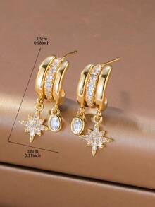 1 Pair Versatile Earrings For Women, Gold-Plated C-Shaped Octagonal Star Oval Zirconia Stone Niche Design Luxury Jewelry, Suitable For Dates, Parties, Work, And Daily Wear - Multicolor - View 4