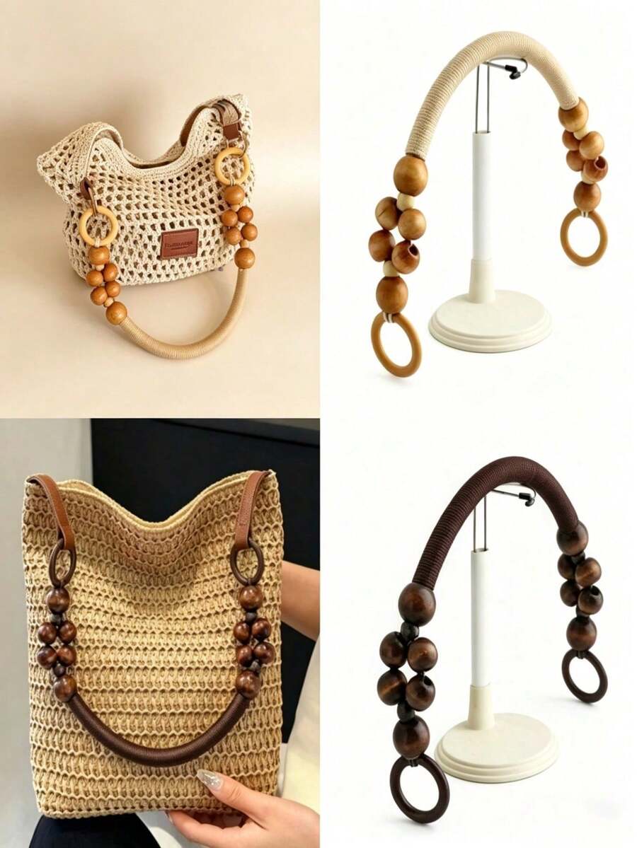 18.9-Inch Wooden Beaded Rope Bag With U-Shaped Handle, Suitable For Beach Bags, Crochet Bags, Vintage Bags, DIY Projects, And DIY Wallet Making. - Multicolor - View 1