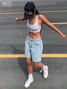 Women's Solid Color Casual Bermuda Denim Shorts, Summer - 淺色水洗 2 - 查看 4