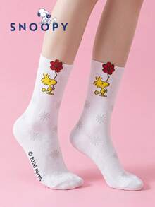 SNOOPY 1雙正版史努比圖案女款白色中筒襪，適合夏季卡通設計時尚襪可愛白色女襪 - 白色 - 查看 9