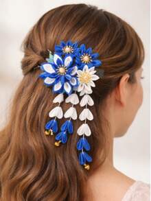 1 pièce Pince à cheveux style japonais avec pompon et fleur, accessoires de cheveux kimono vintage, épingles à cheveux florales en tissu faites à la main avec clochettes pour femmes et filles, ornements de cheveux japonais traditionnels pour cosplay, fête, port quotidien, voyage, anniversaire - Multicolore - Voir 12