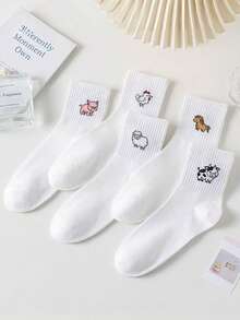 5 pares de calcetines de tripulación transpirables y que absorben la humedad con diseños de animales de dibujos animados (cerdo, oveja, pollo, vaca) en colores aleatorios - Multicolor - Ver 3