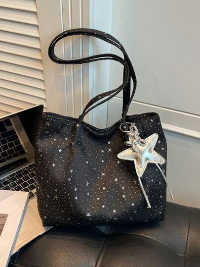 Bolso de hombro de gran capacidad para mujer, estampado de estrellas, bolso de lona casual retro
