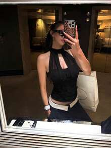 新款夏季蕾丝吊带露背修身吊带背心,带胸垫 - 黑色 - 查看 7