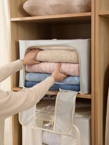 2pcs/1pc Foldable Large Capacity Fabric Storage Box, Big Wardrobe Organizer Box, Dustproof Clothes & Bedding Storage Box, Dual Zipper Design, Durable, Large Capacity, With Faux Leather Handle, Portable, Can Be Used As Bedding Storage Box Or Nightstand Storage Box - Beige - View 5