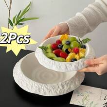 2 Pcs 10&8 Inch Textured Rock Pattern Wide Rim Ceramic Plates, Light Luxury High-Grade Large Capacity Deep Plates, Multipurpose For Soup, Dishes & Fruits. - White - View 2