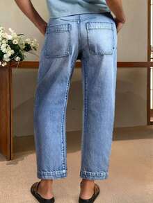 Casual Elegant Gradient Color American Street Style Denim Straight Leg Jeans With Pockets & Zipper Closure, Suitable For Everyday Wear, All Seasons Spring - Light Wash - View 3