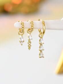 3件套简约独特耳环设计，奢华闪亮流苏优雅耳环 - 金色 - 查看 2