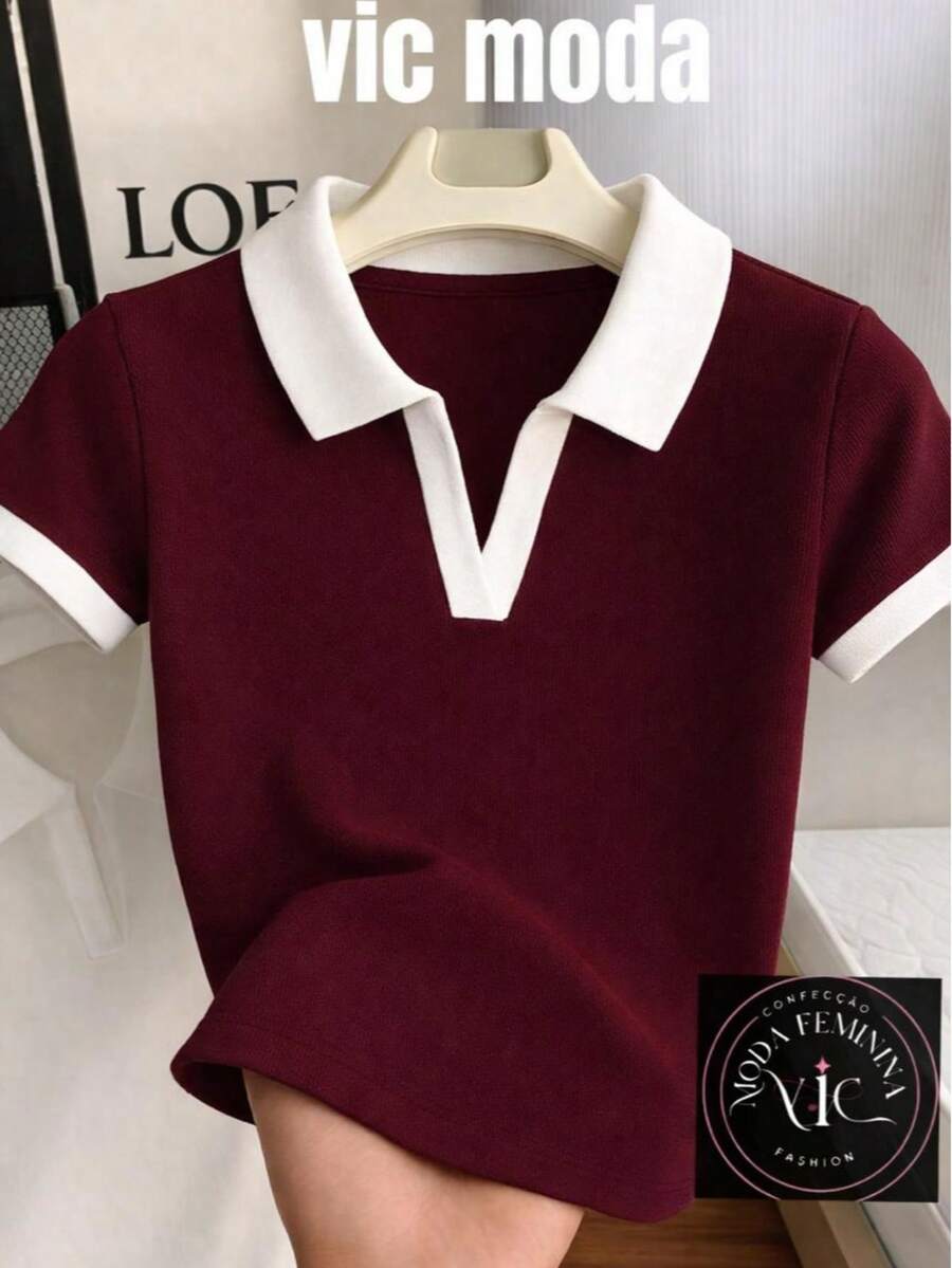 Women's Two-Tone Polo Shirt With Short Sleeves, Casual Cotton. - 壞的 - 查看 1