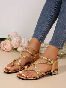Giày sandal nữ đế thấp mũi vuông, quai ngang bằng kim loại, kiểu La Mã, thích hợp cho đi làm hàng ngày và đi nghỉ mát. - Vàng - Xem 5