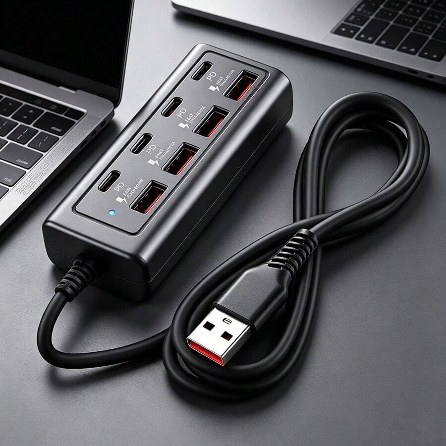 8-Port USB Hub With Fast Charging (4 USB-A + 4 PD Ports) - 25W PD Power, Compact USB Powered Docking Station, Suitable For MacBook, PC, Tablet, Smartphone - Compatible With USB-C Devices, Durable White Design, Suitable For Home/Office, Multi-Port USB Hub, Device Charging Station, Vertical Port Arrangement, High-Speed Connection, Home Office Setup, Sturdy, 8-Port USB To 4 USB 4 Type-C 25W Fast Charging Hub