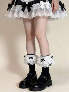 Vớ ngắn Lolita nhiều lớp xếp nếp nơ bằng nhung, vớ dài đến bắp chân kiểu Nhật, vớ ren Jk (1 đôi). - màu đen - Xem 4