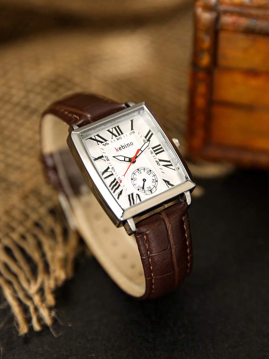 1 pieza Reloj de pulsera unisex de cuarzo con esfera de números romanos de estilo rectangular - Marrón - Ver 1