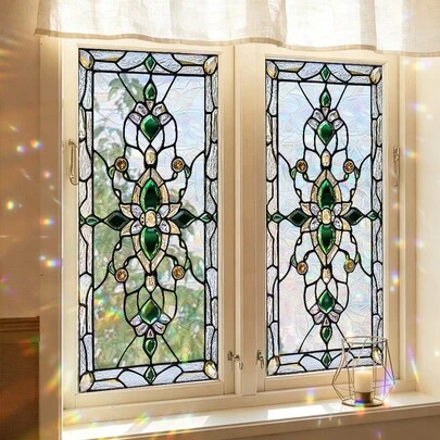 Retro geometrische raamfolie met bloemen- en regenboogmotief, lijmvrije elektrostatische privacyfolie, geschikt voor badkamers, kantoren, slaapkamers, woonkamers en als woondecoratie.