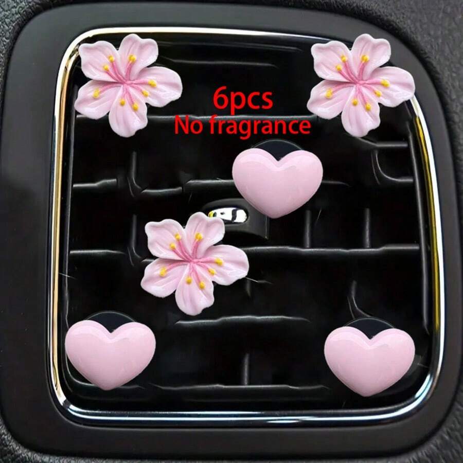 Bộ 6 kẹp gắn cửa gió điều hòa ô tô hình hoa anh đào và trái tim, dùng để khuếch tán hương thơm, trang trí nơ, không mùi, màu hồng nữ tính, thích hợp làm quà tặng.