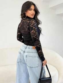 Women's Long-Sleeved Lace Bodysuit - Black - View 2