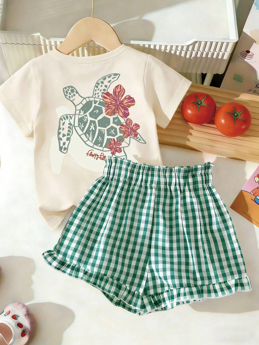Girls Sea Turtle Floral 2 Piece Outfit, Beachy Short Sleeve Tee & Gingham Ruffle Shorts Set, Summer Casual Wear - 杏色 - 查看 1